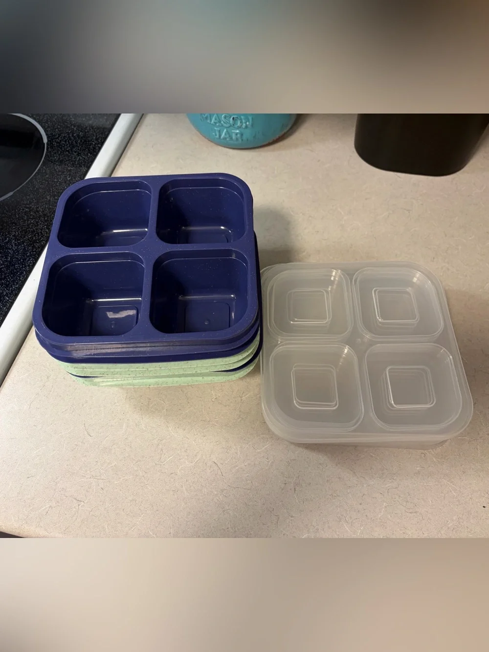 Silicone Stackable 4-Compartment Snack & Portion Tray - Navy Blue and Mint